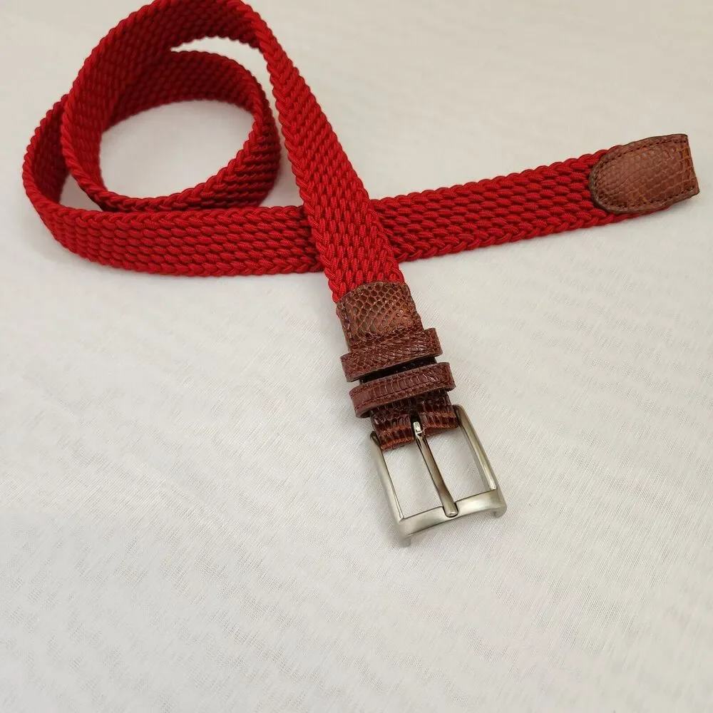 Belt Mens 36 Red Braided Stretch Leather Snake Tab Solid Silver Brass Buckle